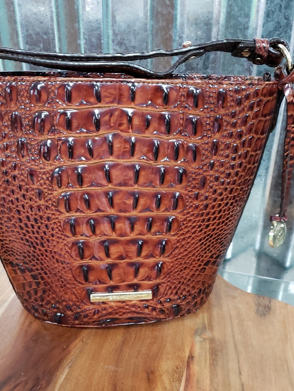 BRAHMIN MINI QUINN PECAN Croc-Embossed Bucket Bag - Women